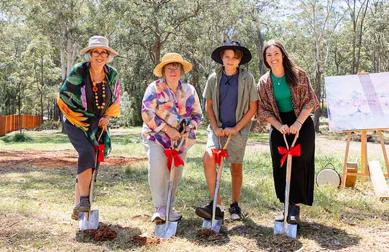 Celebrating the start of work on the new Steiner School: Bronwyn Bellemore, Architect; Ruth Gallagher, Board Chair; Caetano Alfaro, Class 6 student; and Mel Ayriss, Business Manager. Photo: supplied.
