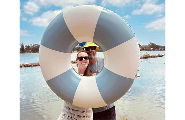 Will this flotation device fit two? Giselle Gahan and Jay Buckley were among at least 100 people who took part in the Dunbogan inflatable regatta.
