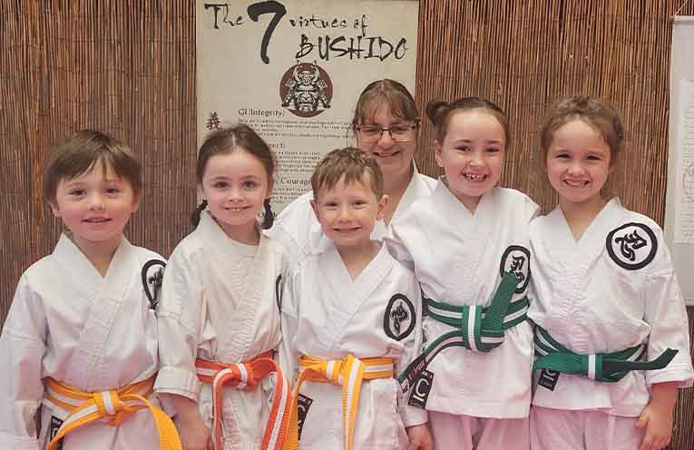 Little Ninjas Benny Wilkins, Vivienne Field, Thanasi Stathis, instructor Sensei Anissa Hilton, Dimity Harvey, and Grace Mills.