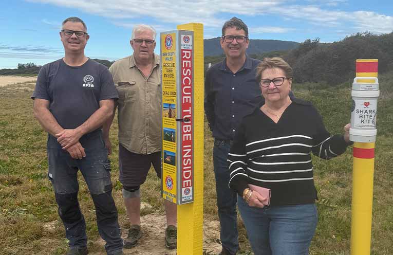 Local family drove the installation of a surf rescue tube at South Beach, Dunbogan